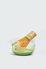 Matcha Ready glass mixing bowl for matcha preparation, clear and smooth, with a wide opening for whisking and mixing.